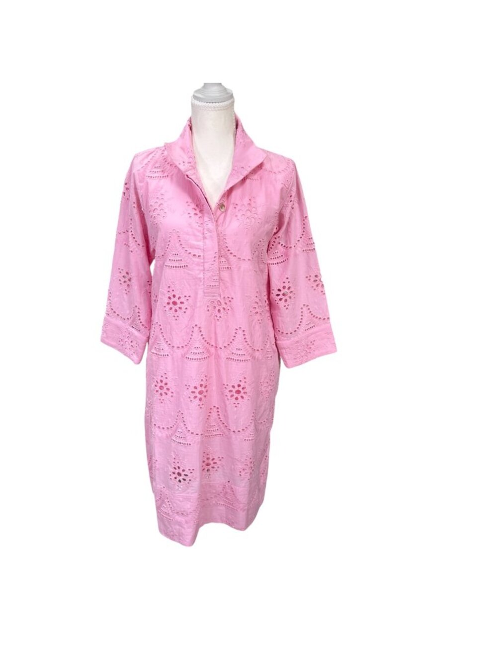 Holly Shae Eyelet 3/4 Sleeve Knee Length Shirt Dress Bubble Gum Pink Size XS/S